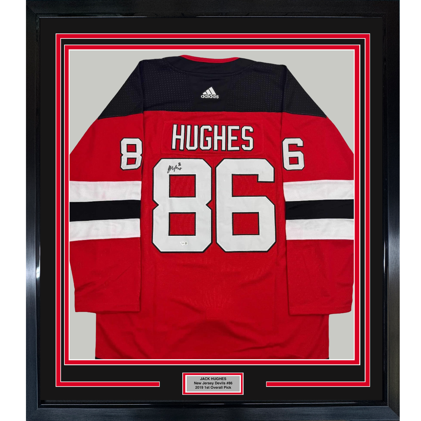 Framed Autographed/Signed Jack Hughes 35x39 New Jersey Devils Authentic Red Hockey Jersey Fanatics COA