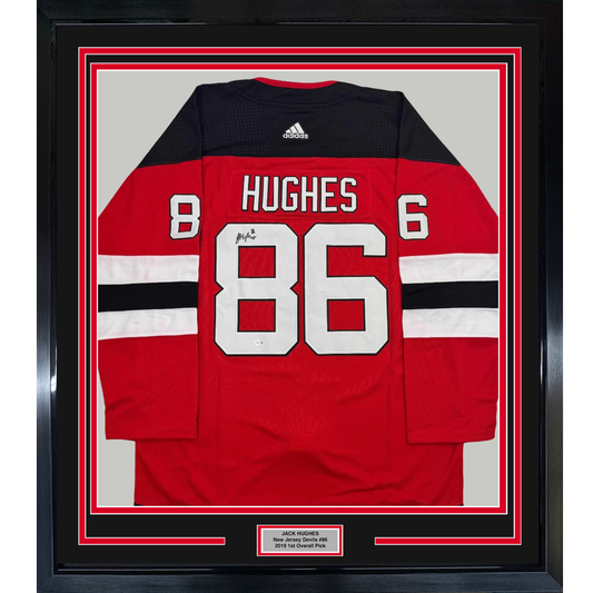 Framed Autographed/Signed Jack Hughes 35x39 New Jersey Devils Authentic Red Hockey Jersey Fanatics COA
