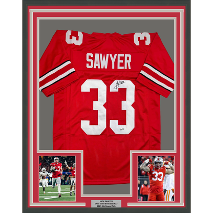 Framed Autographed/Signed Jack Sawyer 35x39 Ohio State Red College Football Jersey Beckett BAS COA