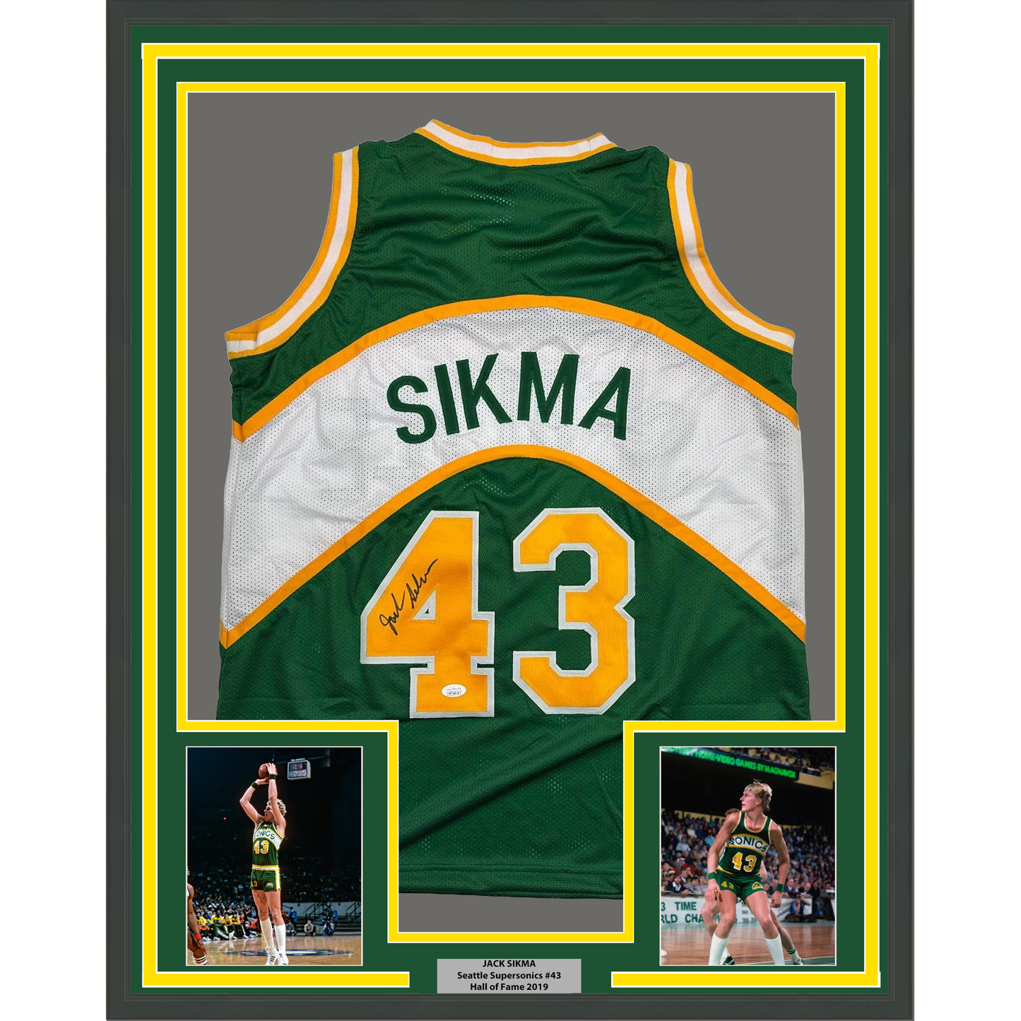 Framed Autographed/Signed Jack Sikma 35x39 Seattle Green Basketball Jersey JSA COA