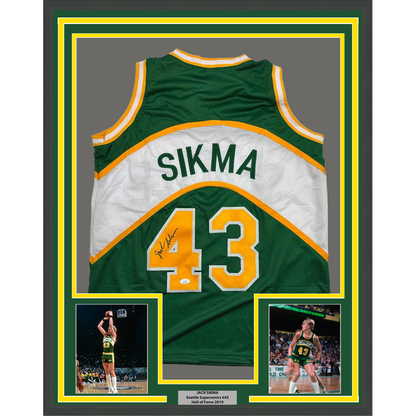Framed Autographed/Signed Jack Sikma 35x39 Seattle Green Basketball Jersey JSA COA