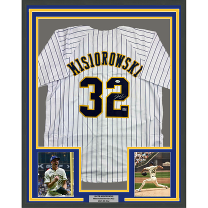 Framed Autographed/Signed Jacob Misiorowski 35x39 Milwaukee Pinstripe Baseball Jersey JSA COA