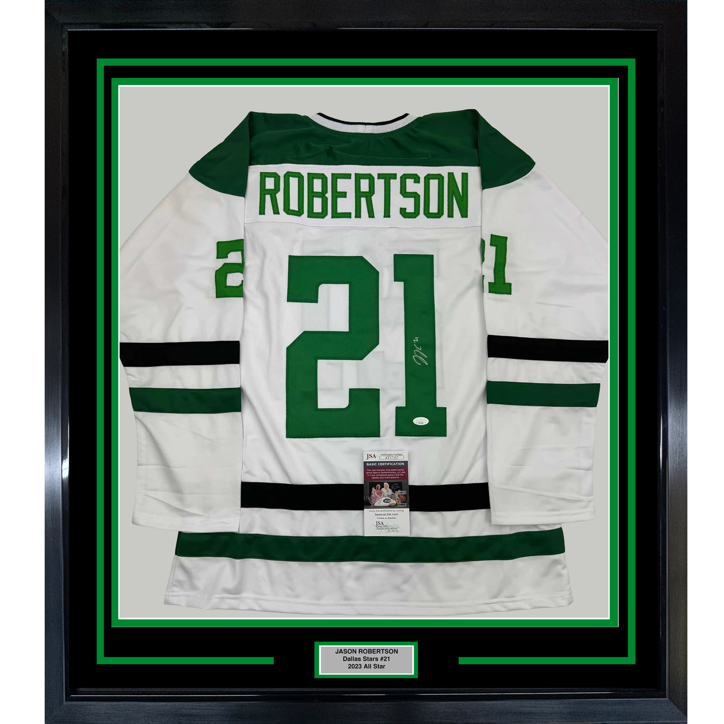 Framed Autographed/Signed Jason Robertson 35x39 Dallas White Hockey Jersey JSA COA
