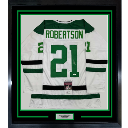 Framed Autographed/Signed Jason Robertson 35x39 Dallas White Hockey Jersey JSA COA