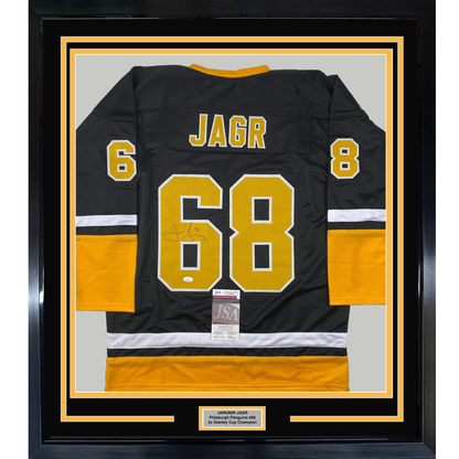 Framed Autographed/Signed Jaromir Jagr 35x39 Pittsburgh Black Hockey Jersey JSA COA
