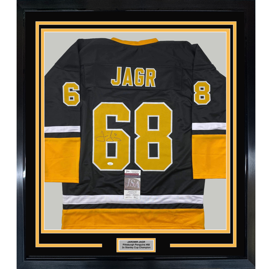 Framed Autographed/Signed Jaromir Jagr 35x39 Pittsburgh Black Hockey Jersey JSA COA