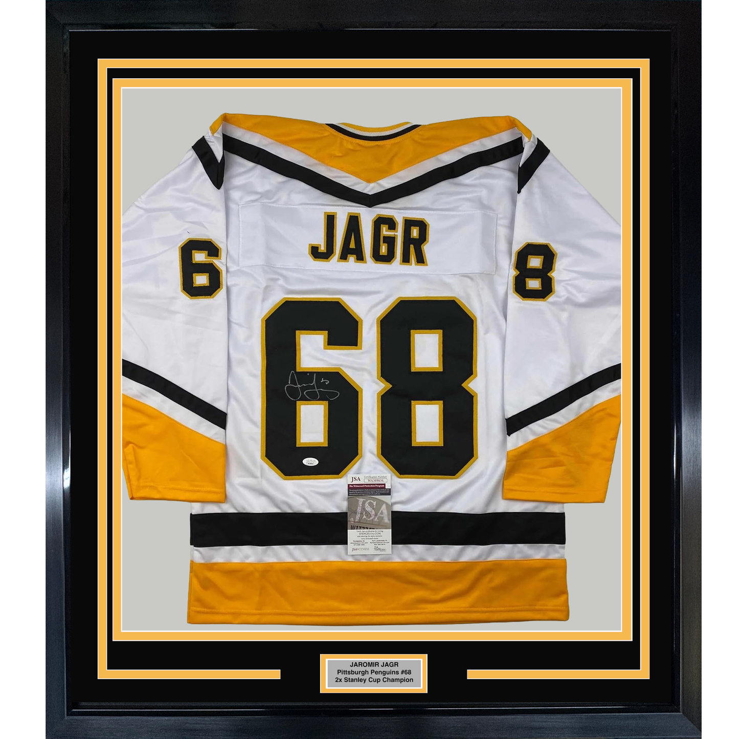 Framed Autographed/Signed Jaromir Jagr 35x39 Pittsburgh White Hockey Jersey JSA COA