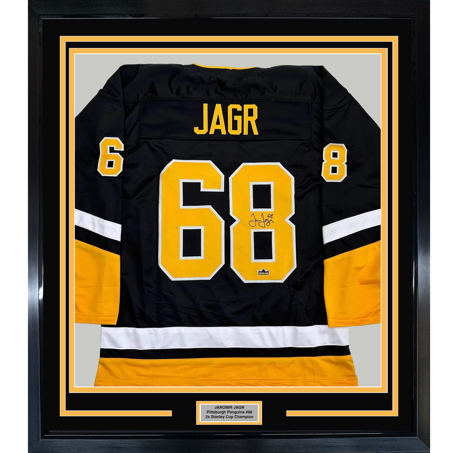 Framed Facsimile Autographed Jaromir Jagr 35x39 Pittsburgh Black Reprint Laser Auto Hockey Jersey