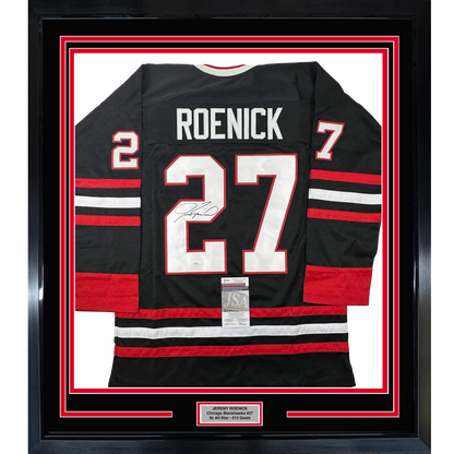 Framed Autographed/Signed Jeremy Roenick 35x39 Chicago Black Hockey Jersey JSA COA