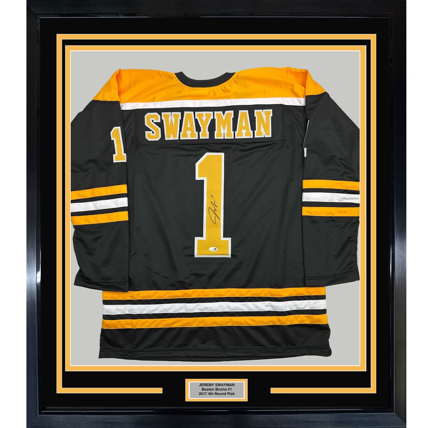Framed Autographed/Signed Jeremy Swayman 35x39 Boston Black Hockey Jersey JSA COA