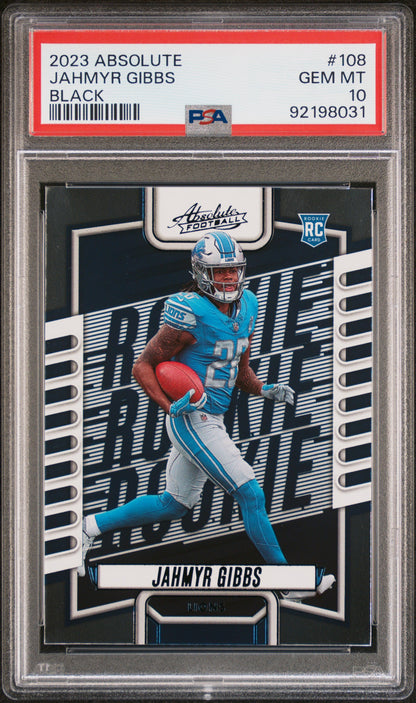 Graded 2023 Panini Absolute Jahmyr Gibbs #108 Black Rookie RC Football Card PSA 10 Gem Mint
