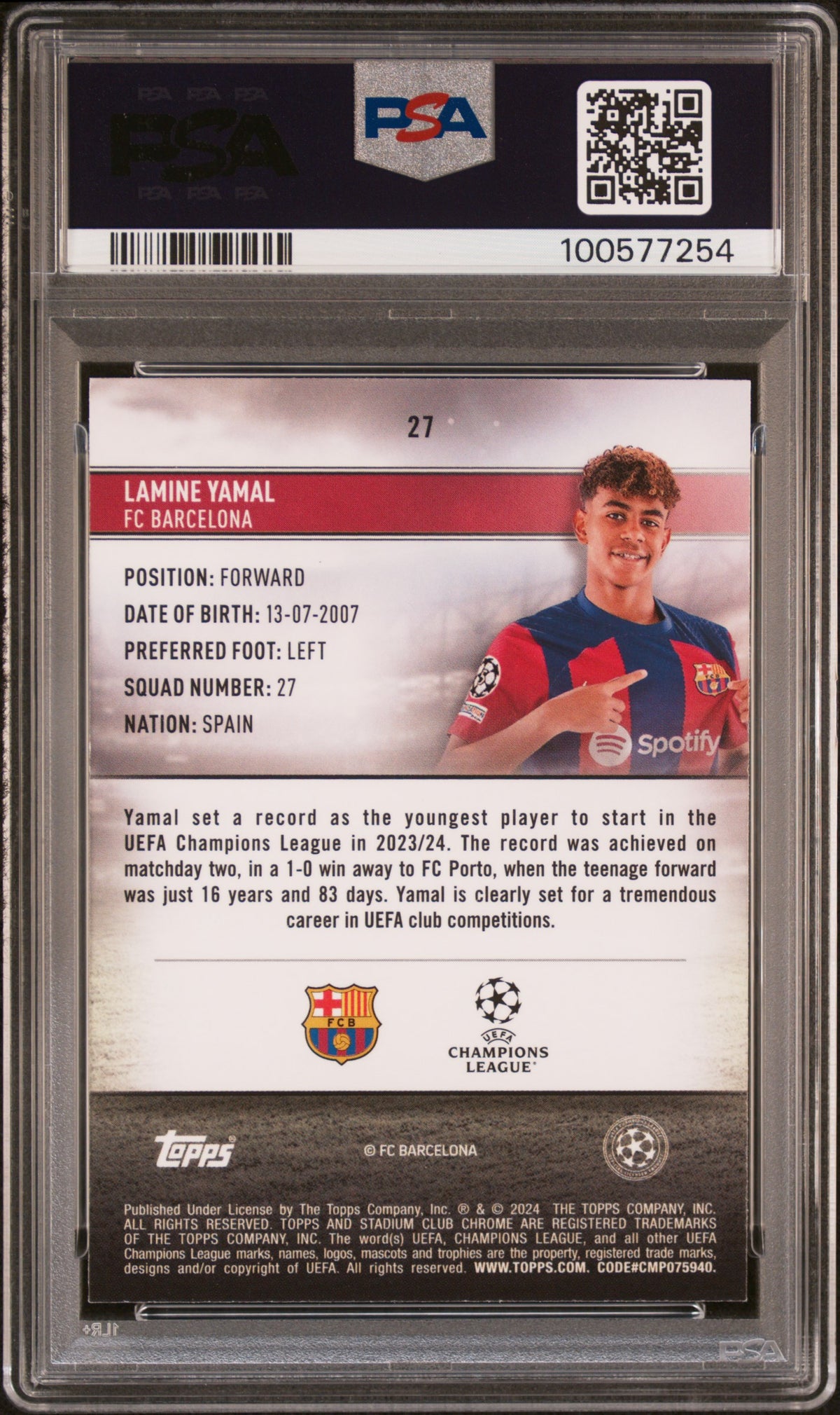 Graded 2023 Topps Stadium Club Chrome UCC Lamine Yamal #27 Rookie RC Soccer Card PSA 10 Gem Mint