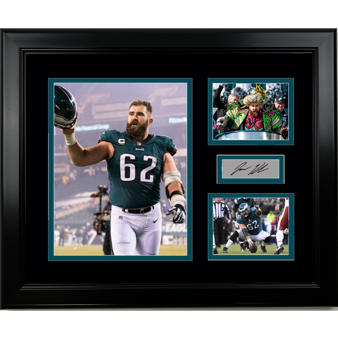 Framed Philadelphia Eagles Jason Kelce Facsimile Laser Engraved Signature Football 14x11 3 Photo Collage