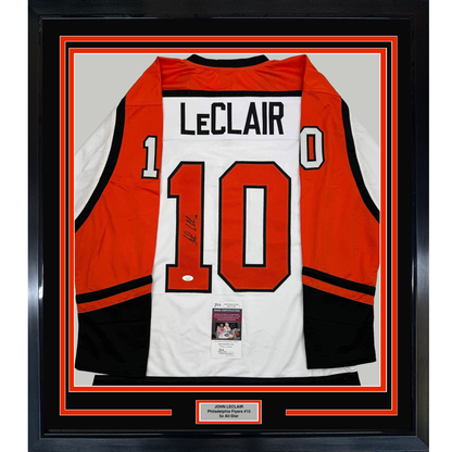 Framed Autographed/Signed John LeClair 35x39 Philadelphia White Hockey Jersey JSA COA