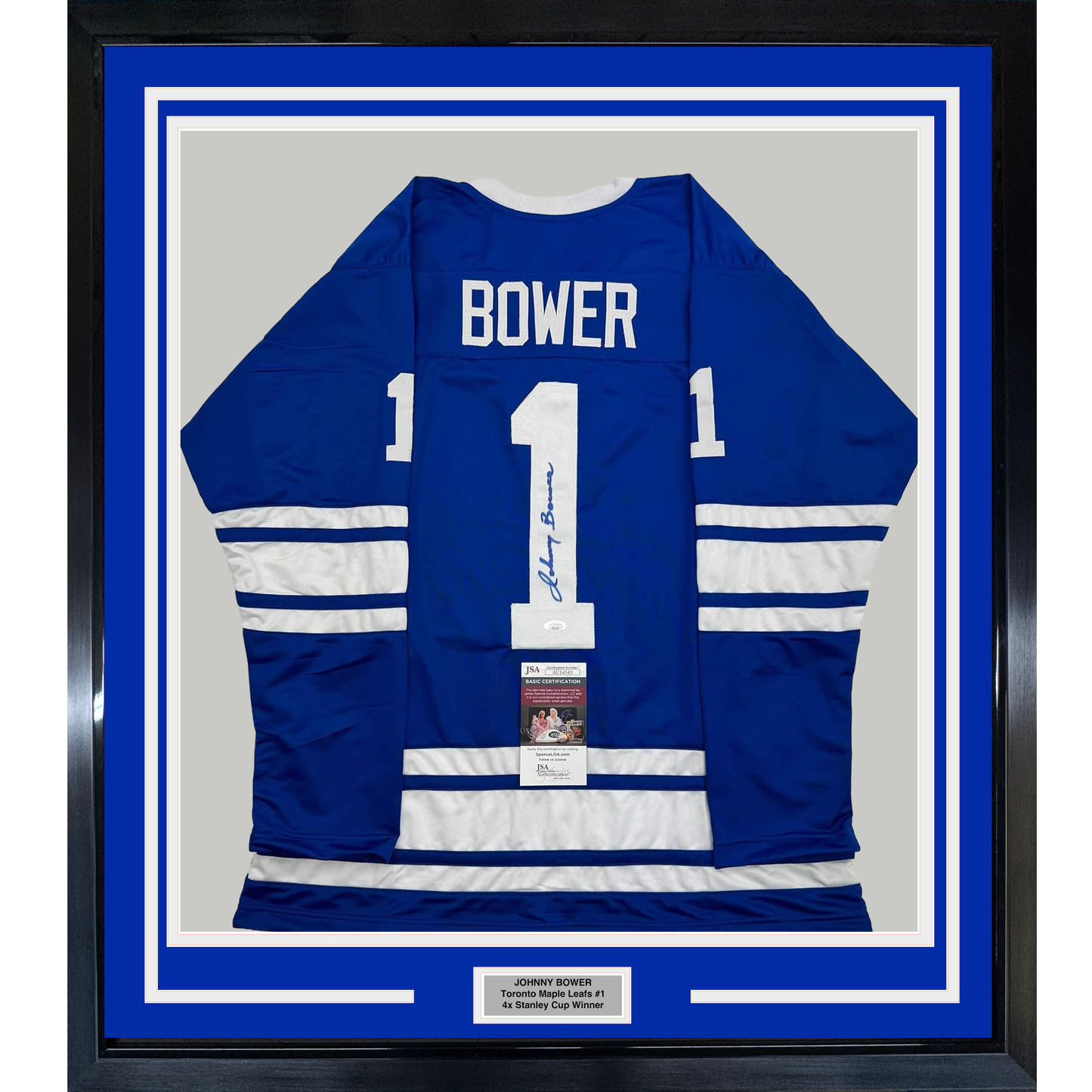 Framed Autographed/Signed Johnny Bower 35x39 Toronto Blue Hockey Jersey JSA COA