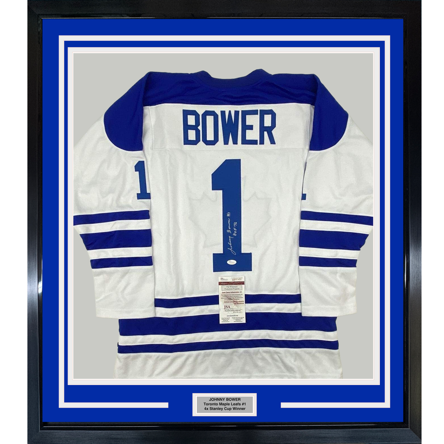 Framed Autographed/Signed Johnny Bower HOF 76 35x39 Toronto Blue Hockey Jersey JSA COA