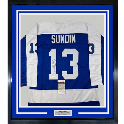 Framed Autographed/Signed Mats Sundin 35x39 HOF 12 Toronto Blue Hockey Jersey JSA COA