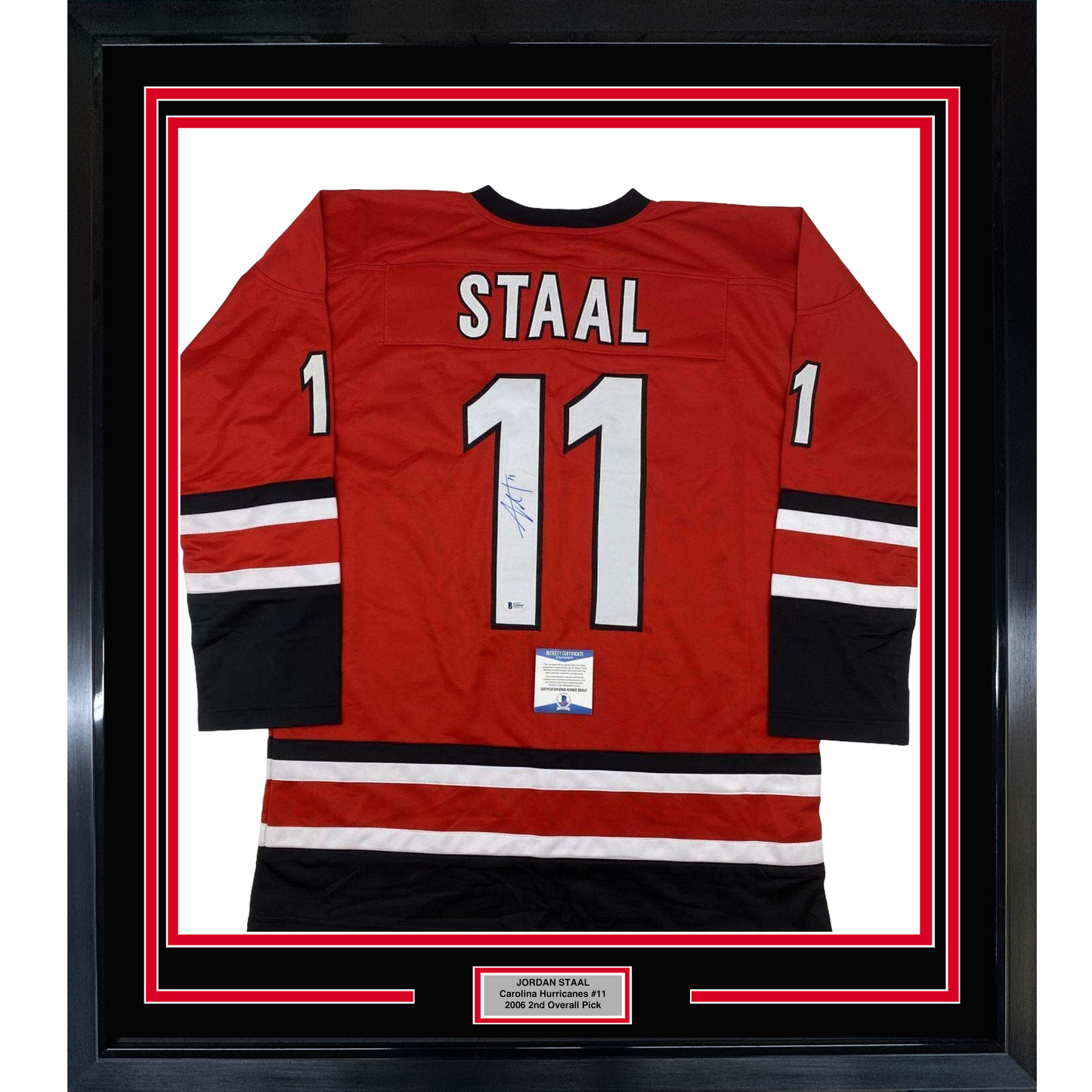 Framed Autographed/Signed Jordan Staal 35x39 Carolina Red Hockey Jersey Beckett BAS COA