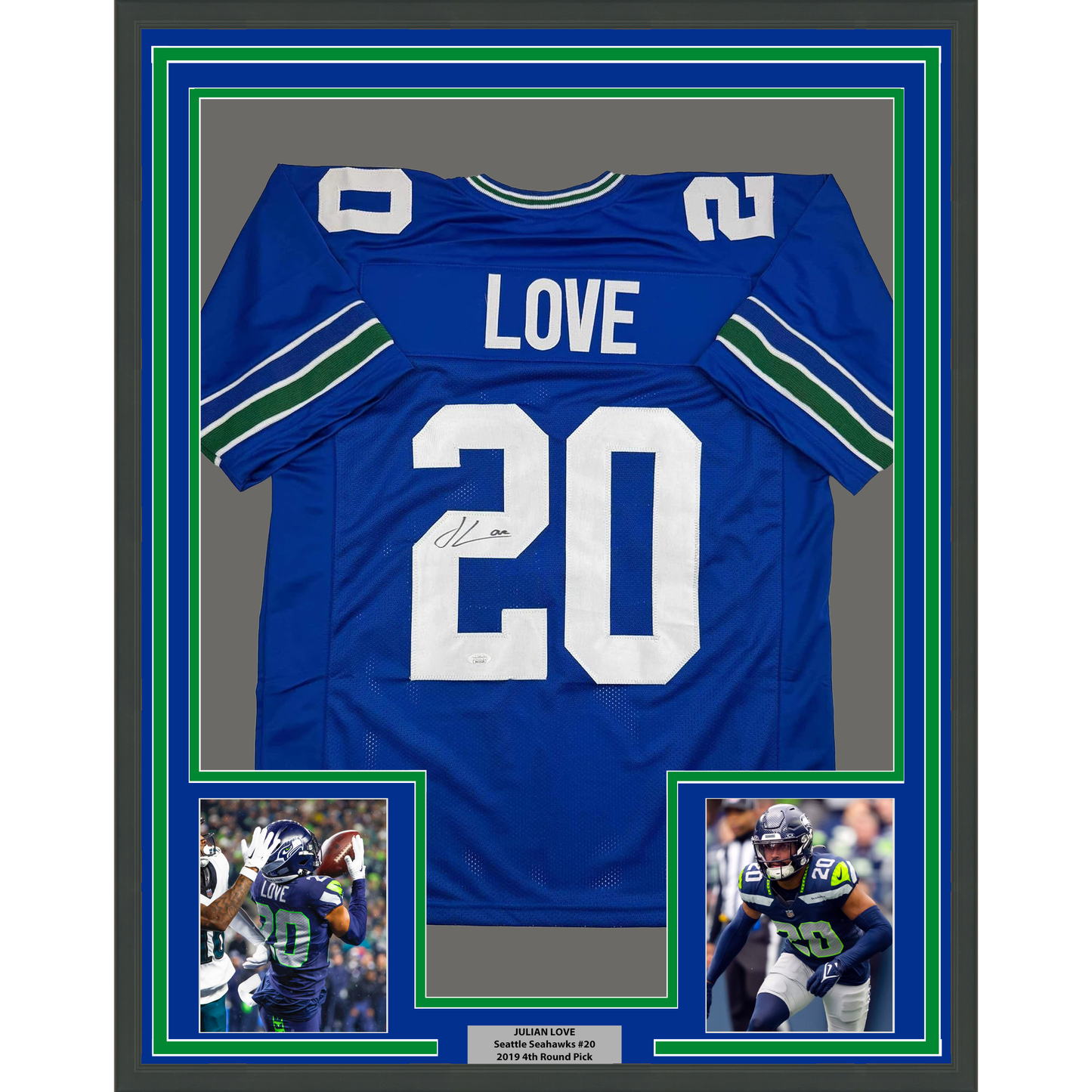 Framed Autographed/Signed Julian Love 35x39 Seattle Blue Retro Football Jersey JSA COA