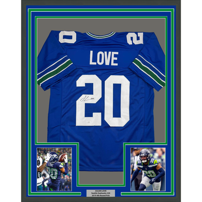 Framed Autographed/Signed Julian Love 35x39 Seattle Blue Retro Football Jersey JSA COA