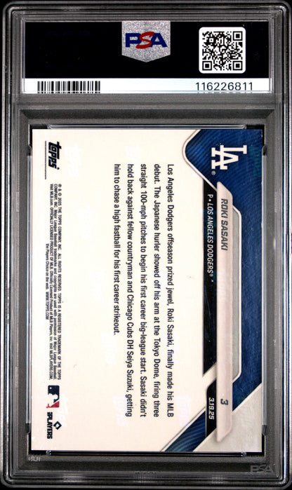 Graded 2025 Topps Now Roki Sasaki #3 Gold Foil /50 Rookie RC Baseball Card PSA 9 Mint