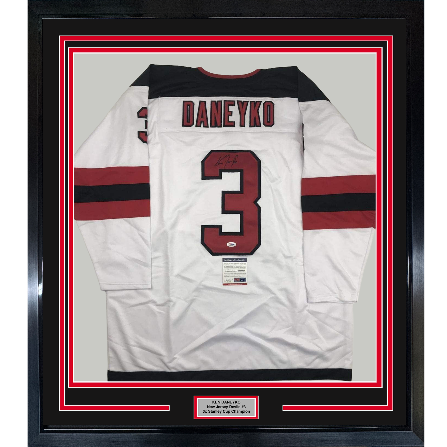 Framed Autographed/Signed Ken Daneyko 35x39 New Jersey White Hockey Jersey PSA/DNA COA