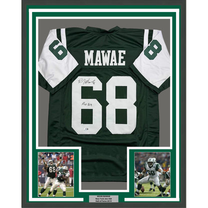 Framed Autographed/Signed Kevin Mawae 35x39 HOF 2019 New York Green Football Jersey Beckett BAS COA