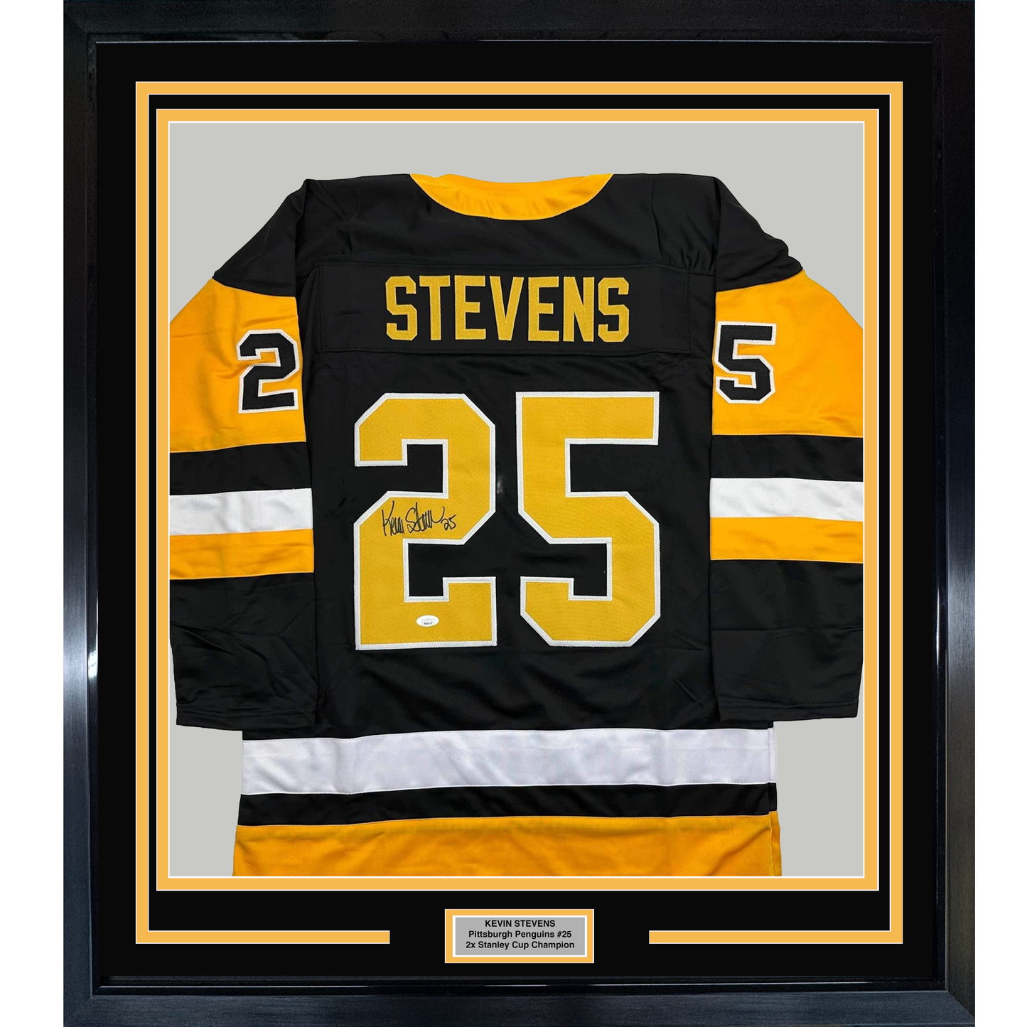 Framed Autographed/Signed Kevin Stevens 35x39 Pittsburgh Black Hockey Jersey JSA COA