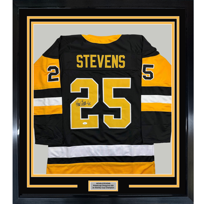 Framed Autographed/Signed Kevin Stevens 35x39 Pittsburgh Black Hockey Jersey JSA COA