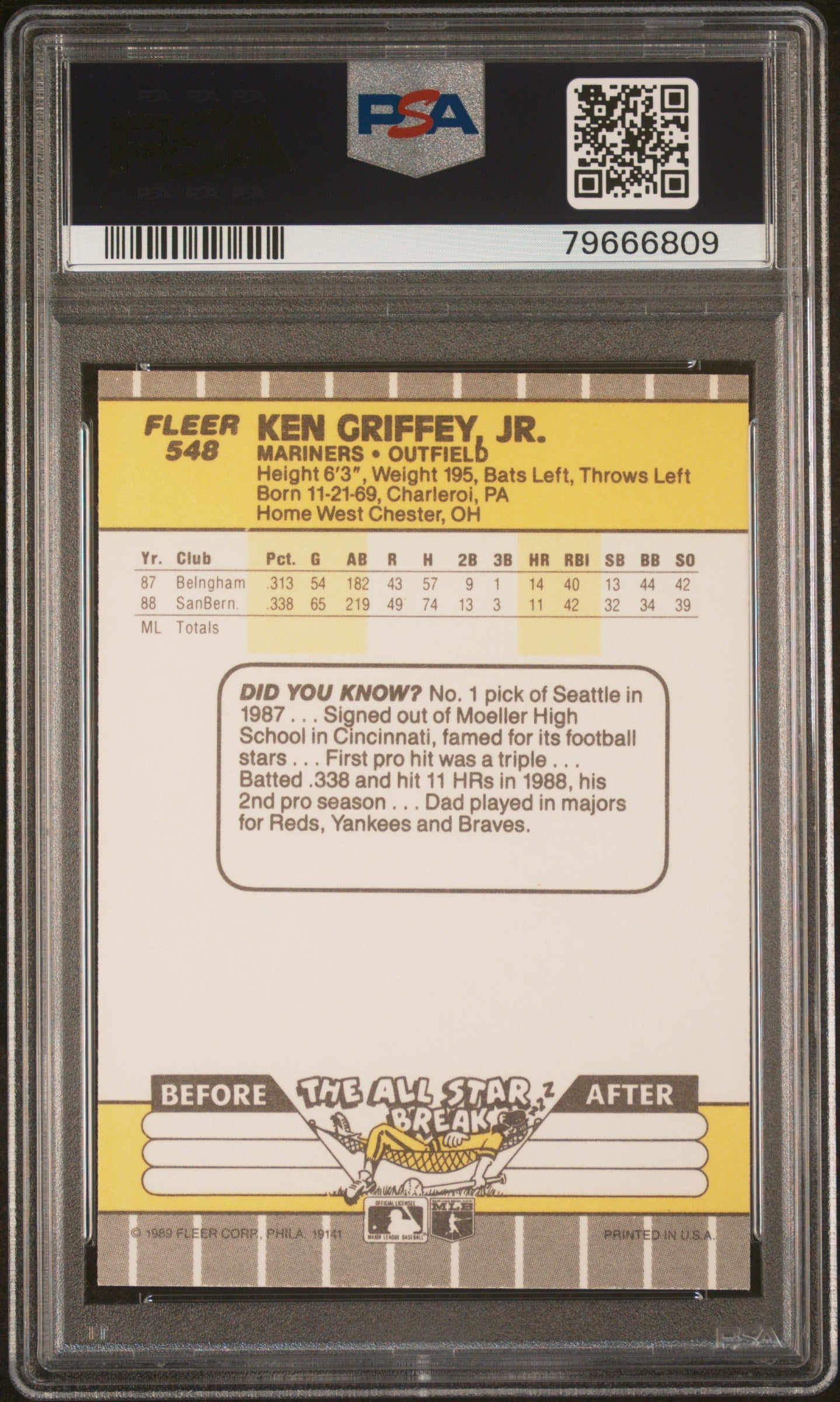 Graded 1989 Fleer Ken Griffey Jr. #548 Rookie RC Baseball Card PSA 10 Auto Grade Gem Mint