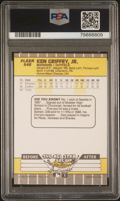 Graded 1989 Fleer Ken Griffey Jr. #548 Rookie RC Baseball Card PSA 10 Auto Grade Gem Mint