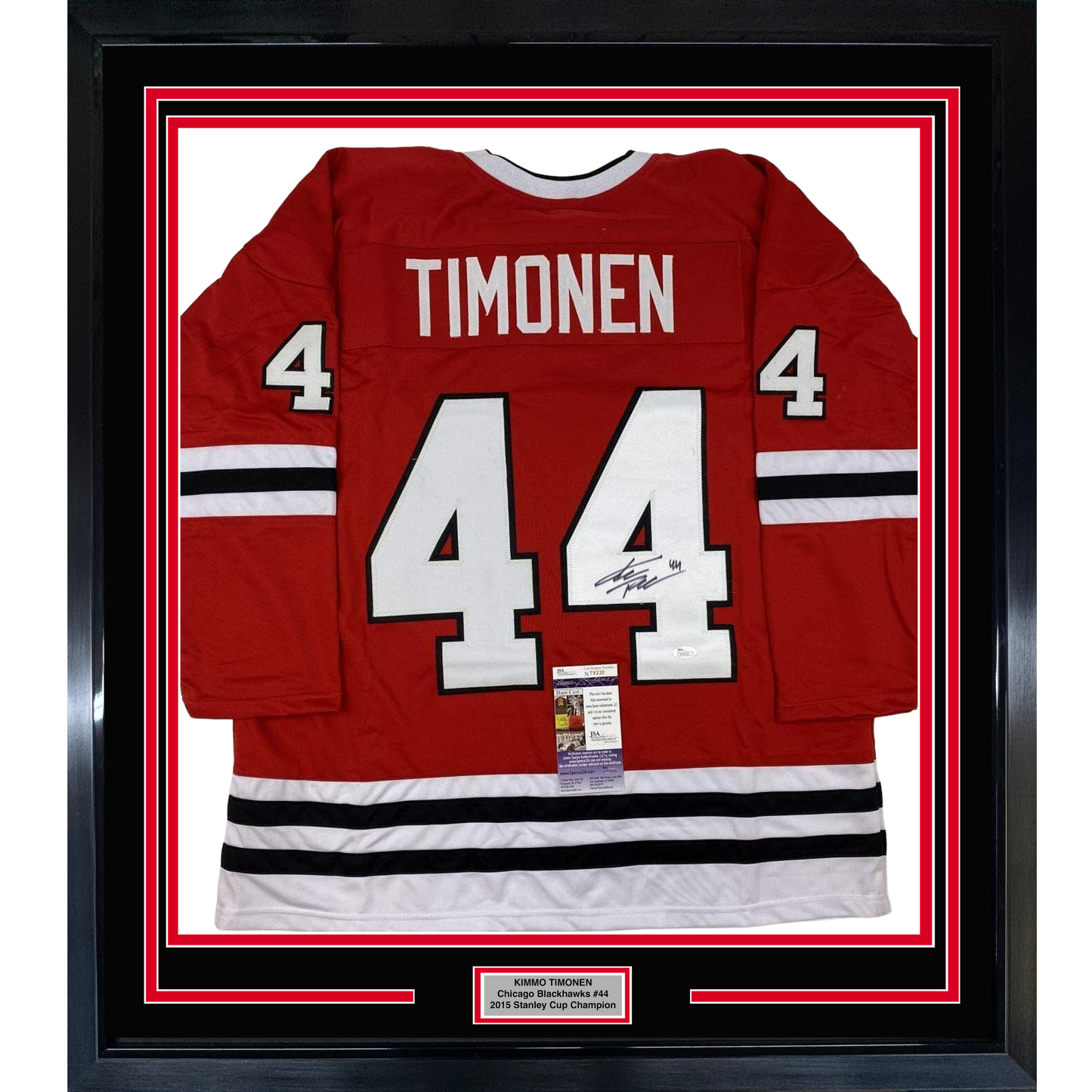 Framed Autographed/Signed Kimmo Timonen 35x39 Chicago Red Hockey Jersey JSA COA