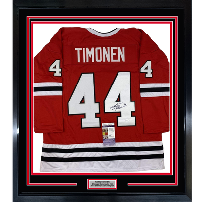 Framed Autographed/Signed Kimmo Timonen 35x39 Chicago Red Hockey Jersey JSA COA