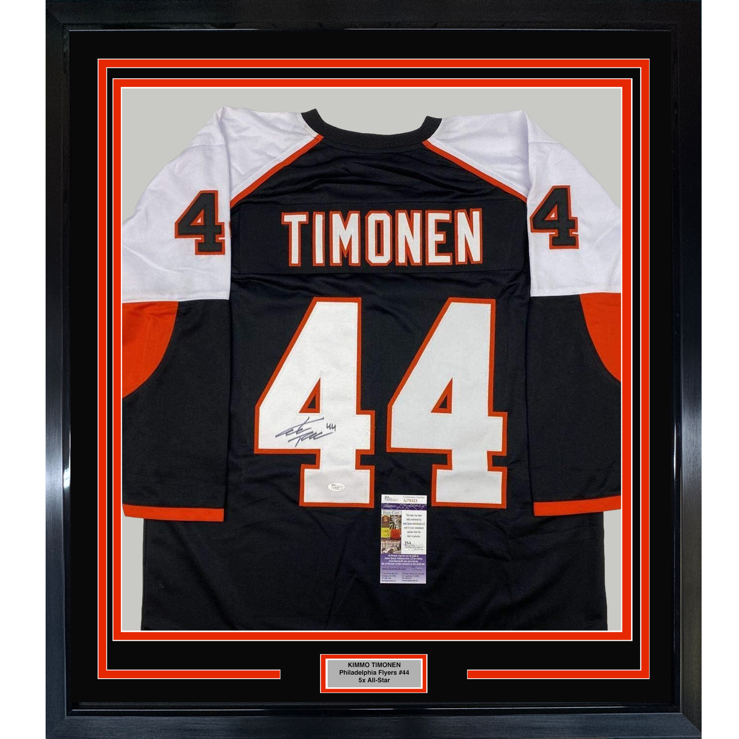 Framed Autographed/Signed Kimmo Timonen 35x39 Philadelphia Black Hockey Jersey JSA COA