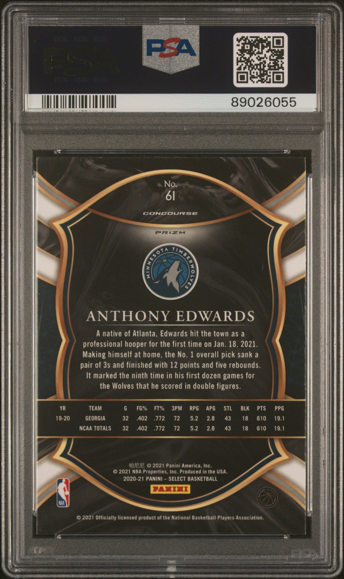 Graded 2020-21 Panini Select Anthony Edwards #61 Blue Prizm Rookie RC Basketball Card PSA 10 Gem Mint