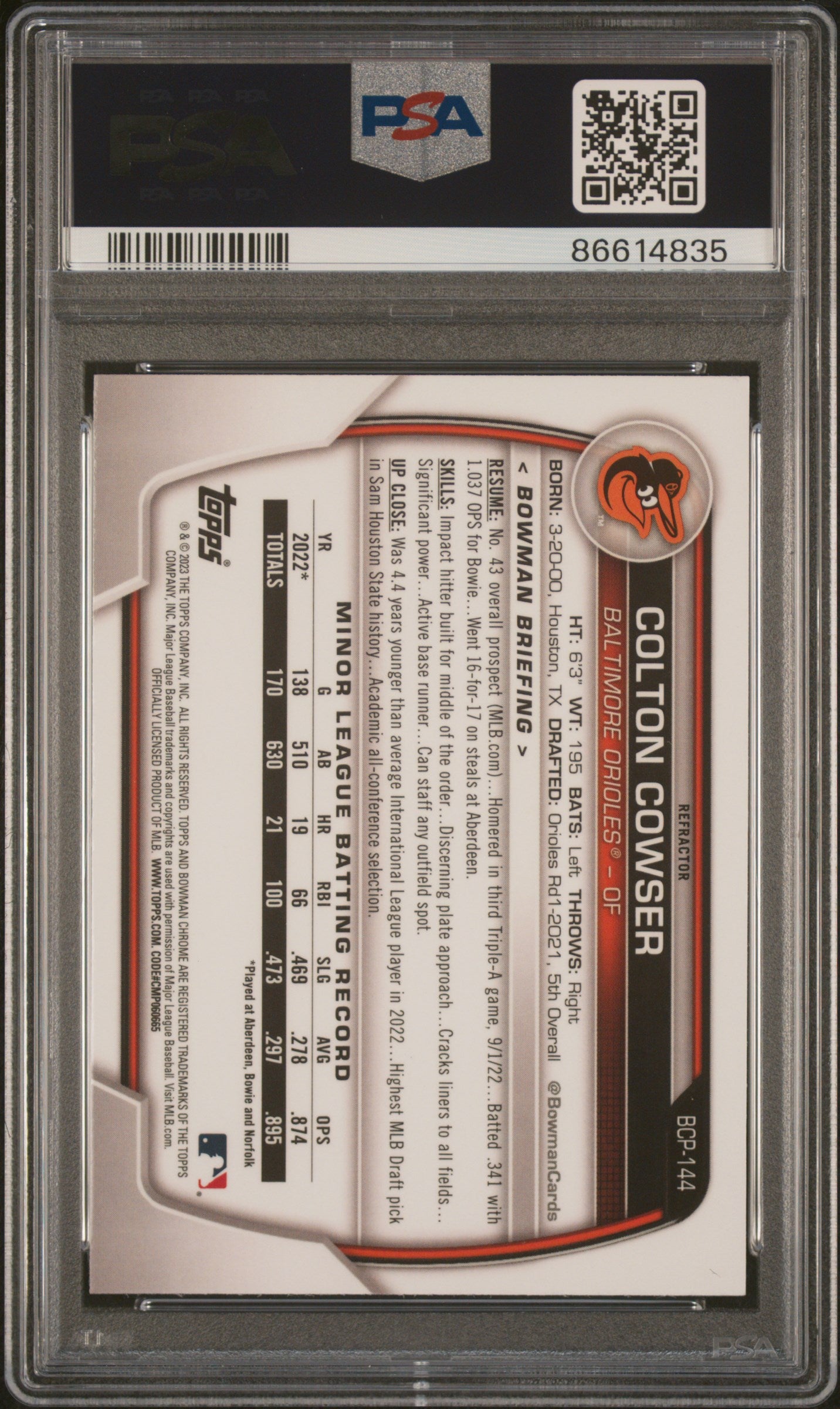 Graded 2023 Topps Bowman Colton Cowser #BCP144 Chrome Prospects Lunar Glow Refractor Rookie RC Baseball Card PSA 10 Gem Mint