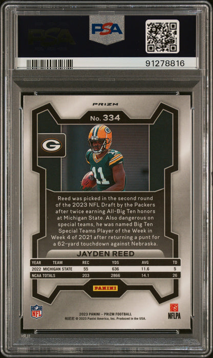 Graded 2023 Panini Prizm Jayden Reed #334 Neon Green Pulsar Rookie RC Football Card PSA 10 Gem Mint