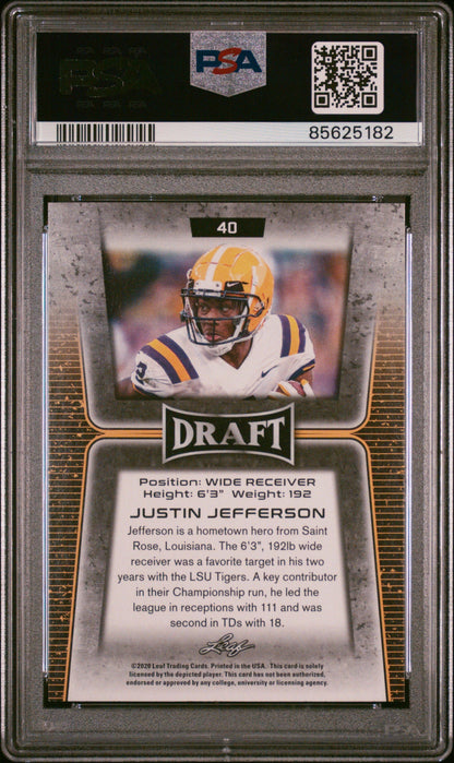 Graded 2020 Leaf Draft Justin Jefferson #40 Rookie RC Football Card PSA 9 Mint