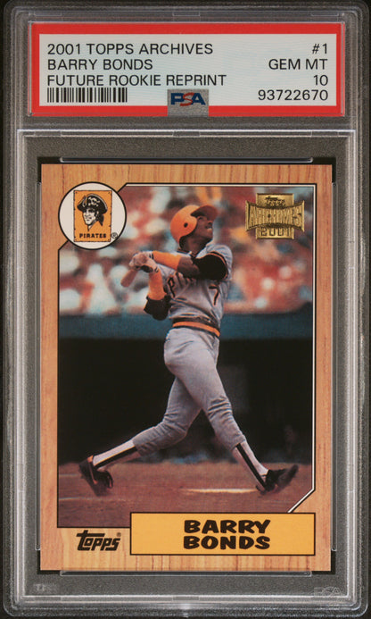 Graded 2001 Topps Archives Barry Bonds #1 Future Rookie Reprint Baseball Card PSA 10 Gem Mint