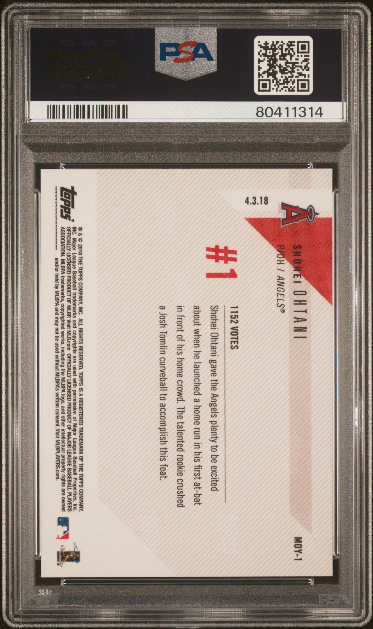 Graded 2018 Topps Now Shohei Ohtani #MOY-1 Moment of the Year Rookie RC Baseball Card PSA 10 Gem Mint