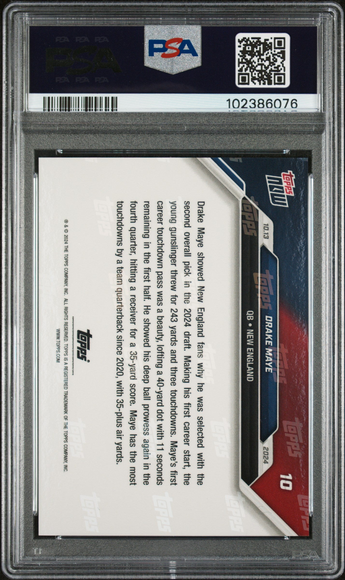 Graded 2024 Topps Now Drake Maye #10 Rockets 3 Touchdown Passes in 1st Career Start Rookie RC Football Card PSA 10 Gem Mint