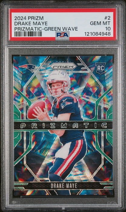 Graded 2024 Panini Prizm Drake Maye #2 Prizmatic Green Wave Rookie RC Football Card PSA 10 Gem Mint