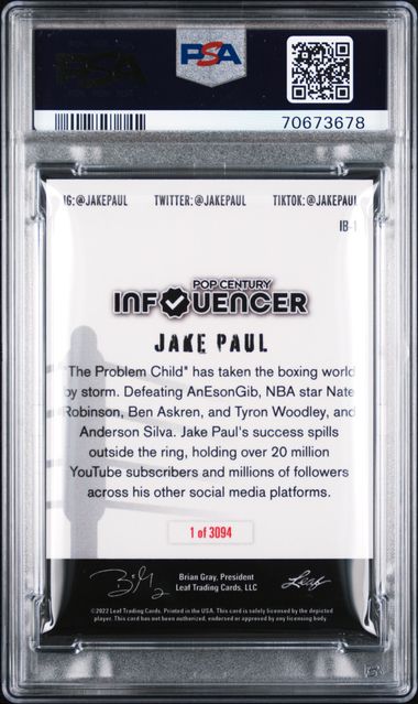 Graded 2022 Leaf Pop Century Jake Paul #IB-1 Influencer Card PSA 10 Gem Mint