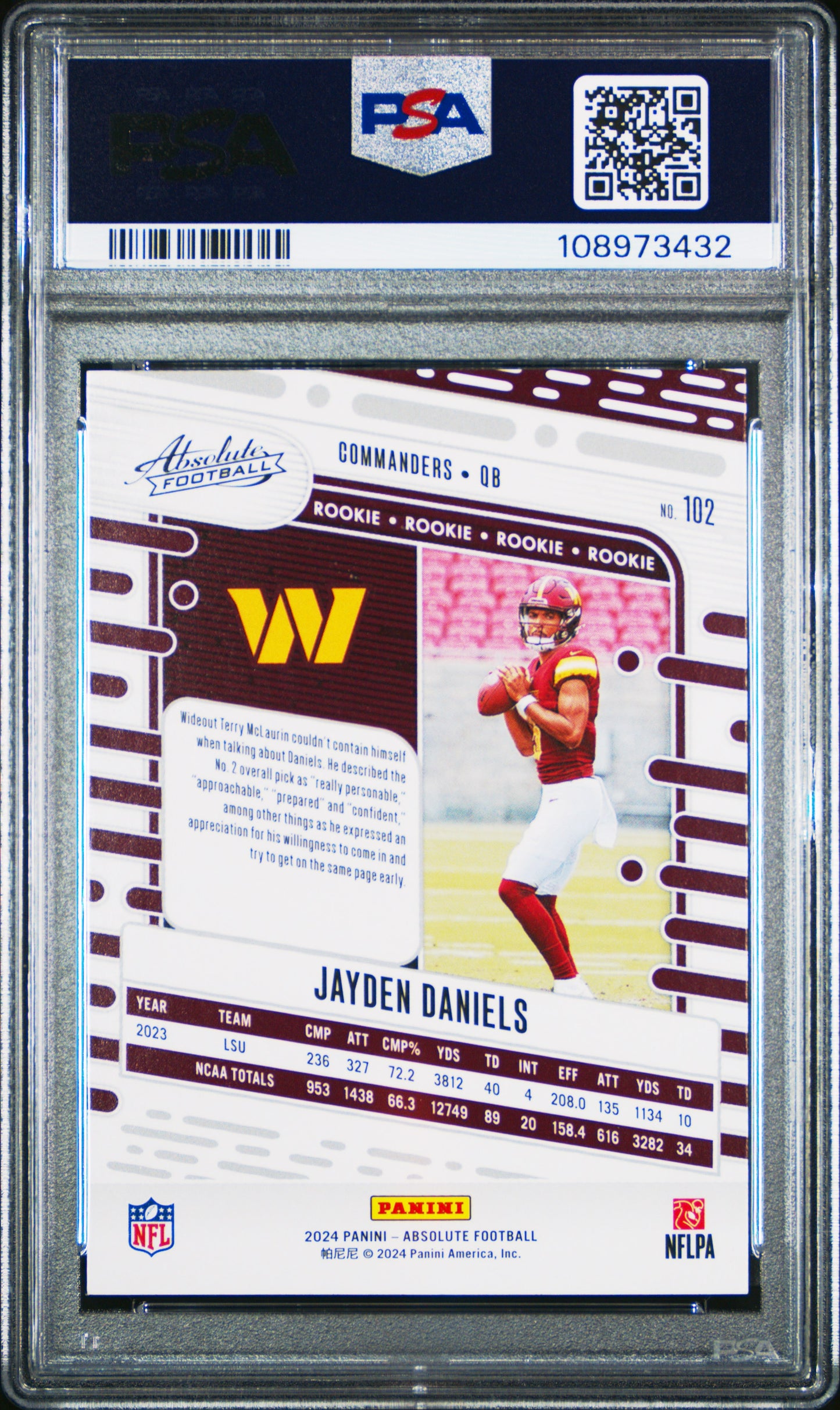 Graded 2024 Panini Absolute Jayden Daniels #102 Orange Rookie RC Football Card PSA 10 Gem Mint
