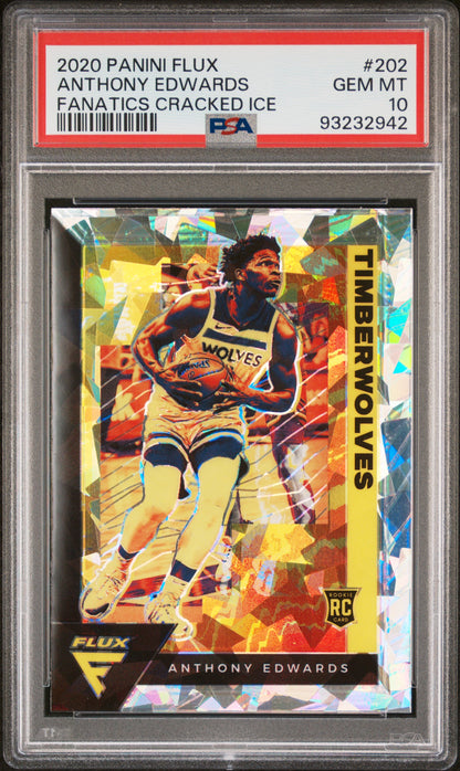 Graded 2020 Panini Flux Anthony Edwards #202 Fanatics Cracked Ice Rookie RC Basketball Card PSA 10 Gem Mint