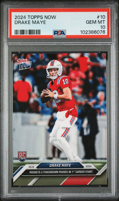 Graded 2024 Topps Now Drake Maye #10 Rockets 3 Touchdown Passes in 1st Career Start Rookie RC Football Card PSA 10 Gem Mint