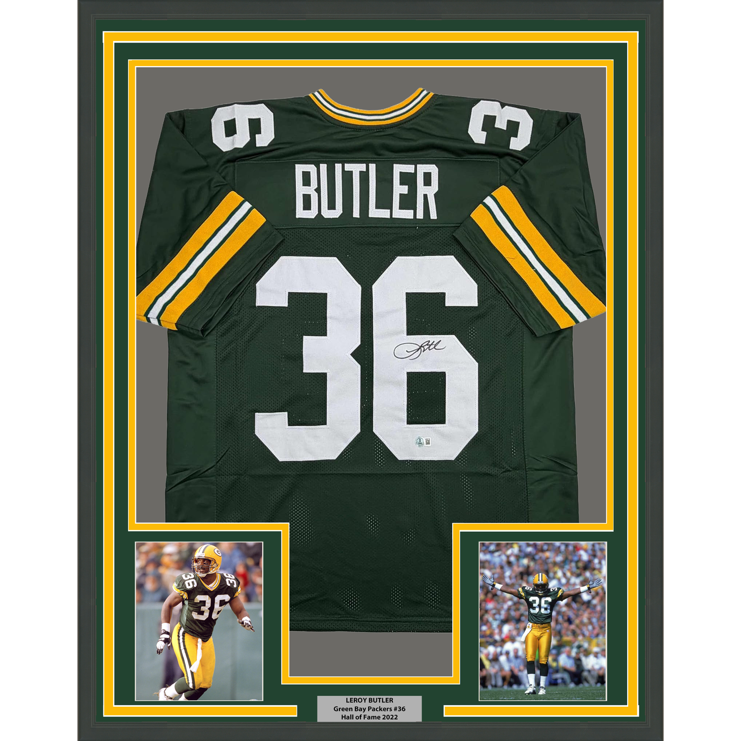 Framed Autographed/Signed Leroy Butler 35x39 Green Bay Green Football Jersey Beckett BAS COA