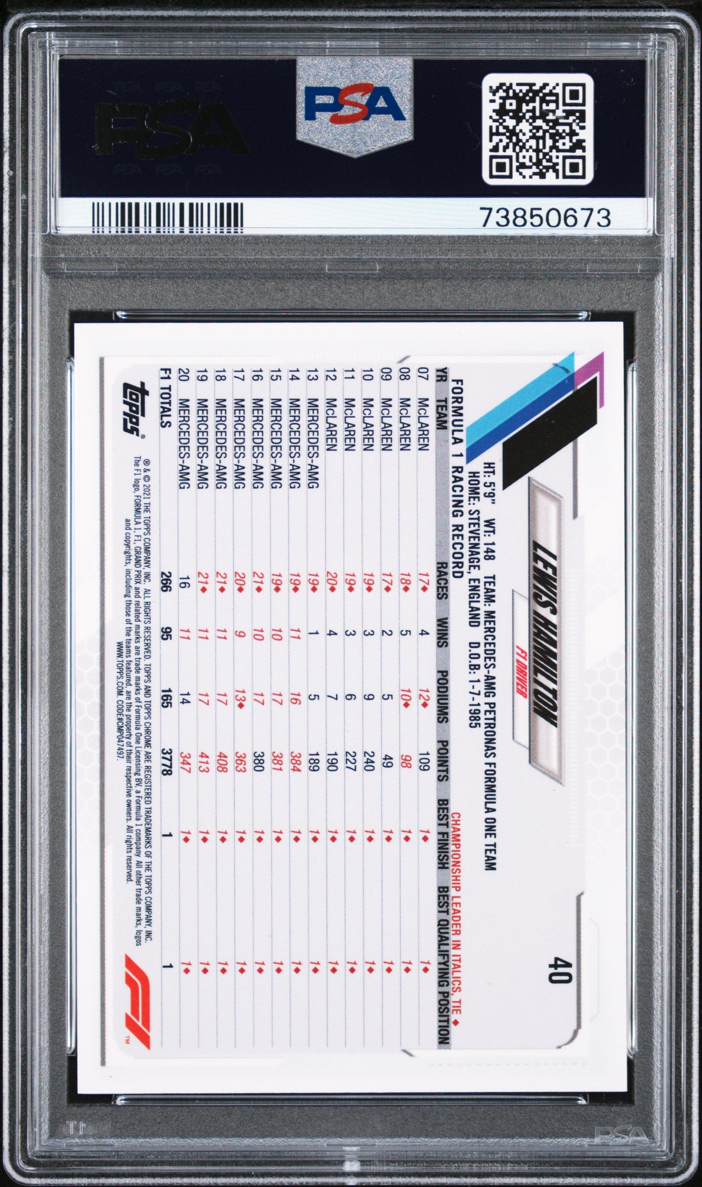 Graded 2021 Topps Chrome F1 Lewis Hamilton #40 F1 Racing Card PSA 10 Gem Mint