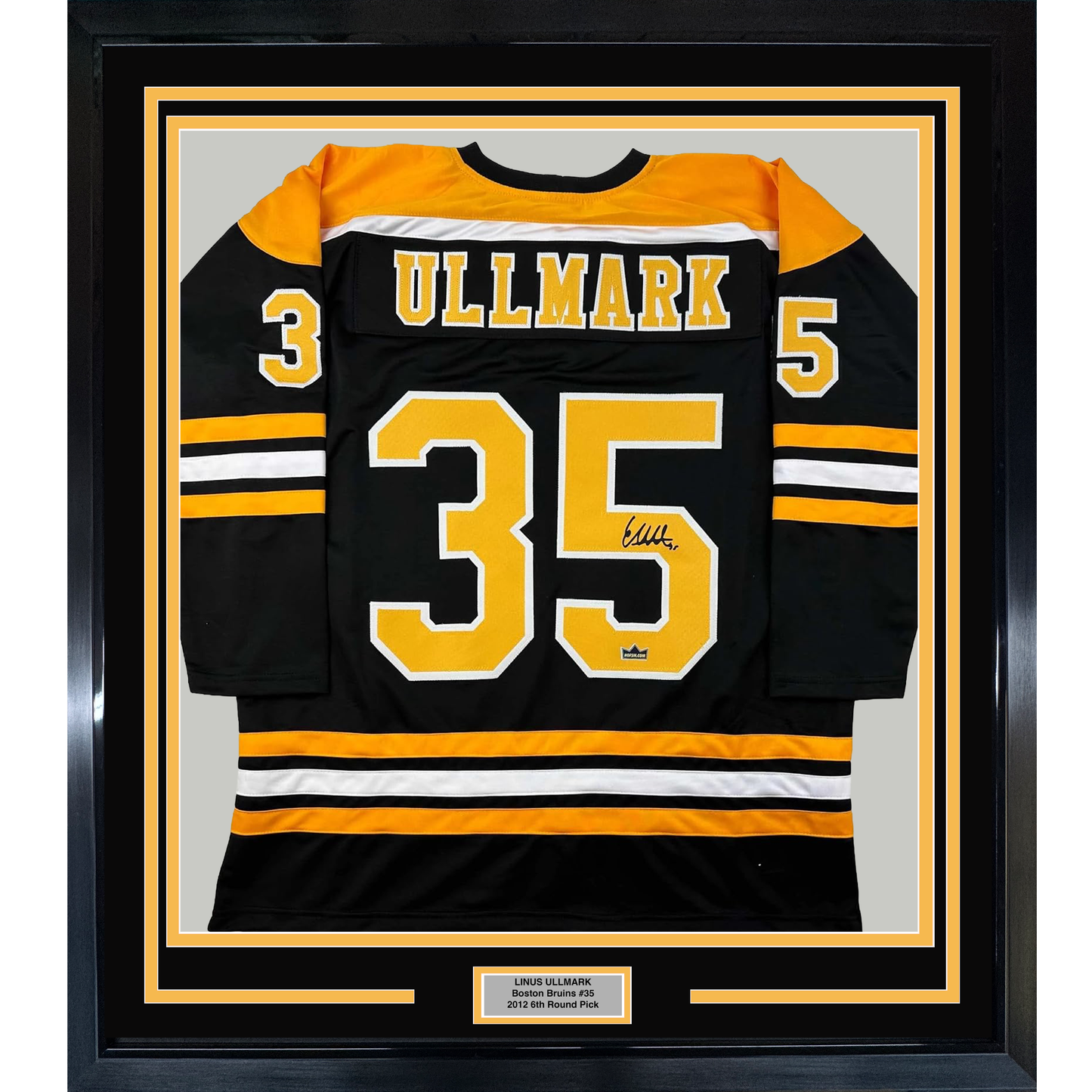 Framed Facsimile Autographed Linus Ullmark 35x39 Boston Black Reprint Laser Auto Hockey Jersey