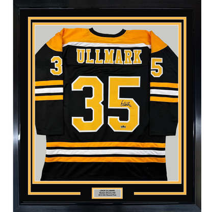 Framed Facsimile Autographed Linus Ullmark 35x39 Boston Black Reprint Laser Auto Hockey Jersey